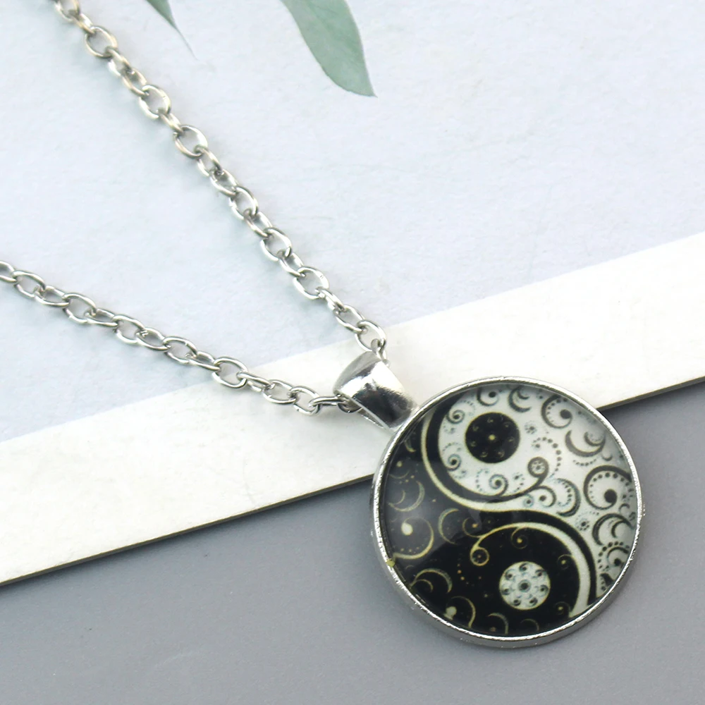 NEW Yin Yang Tai Chi Necklace Moon Dragon Butterfly Glass Cabochon Pendant Fashion Statement Crystal Necklace Gift