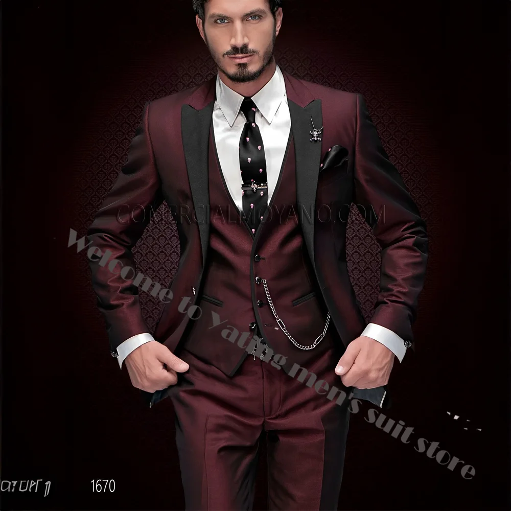 

2024 New Men's Suit Wedding Tuxedo Groom Jacket Pants Vest Three-piece Set Elegant Men Blazer Wine Red Formal Outfit