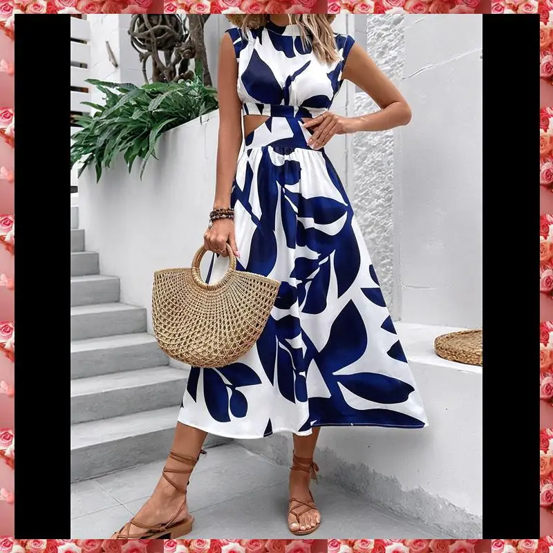 Women's Summer Dress Floral Print Cutout Batwing Sleeve Round Neck A-Line High Waist Midi Dress