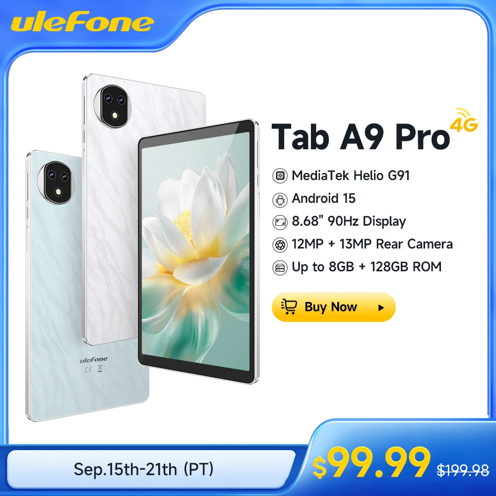 

Ulefone Tab A9 Pro Tablet MTK G91 8.68" Up to 8GB RAM (4+4) 128GB ROM 12MP+13MP Android 15 4G Tablet