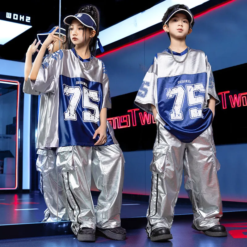 女の子と男の子のためのシルバートップのカーゴパンツ、子供のためのジャズダンスの衣装、ヒップホップの服、Kpopの衣装、子供のストリートウェア、dwy10217