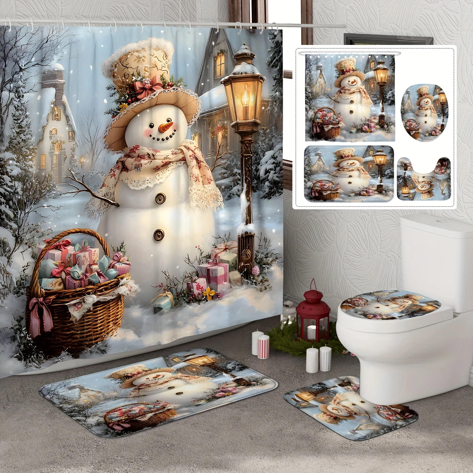 

4Pcs Xmas Snowman Gift Bath Set, White Brown Curtain, Holiday Decor, 12 Hooks, Non-Slip Mat, U-Shaped Toilet Cover