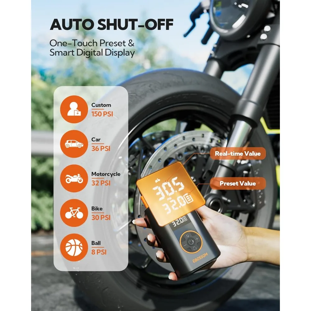 منفاخ إطارات ضاغط هواء محمول، مضخة هواء محمولة 150 رطل لكل بوصة مربعة للسيارات - مضخة دراجة لاسلكية صغيرة مع مقياس الضغط، كهربائية #3
