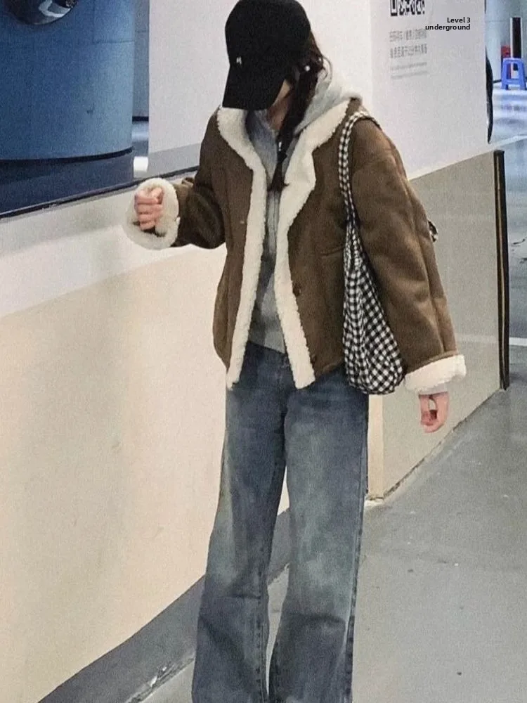 الكورية Sle براون فرو الضأن Jaet المرأة الشتاء Thiened ملابس قطنية فضفاضة Faionable ort ملابس خارجية معطف