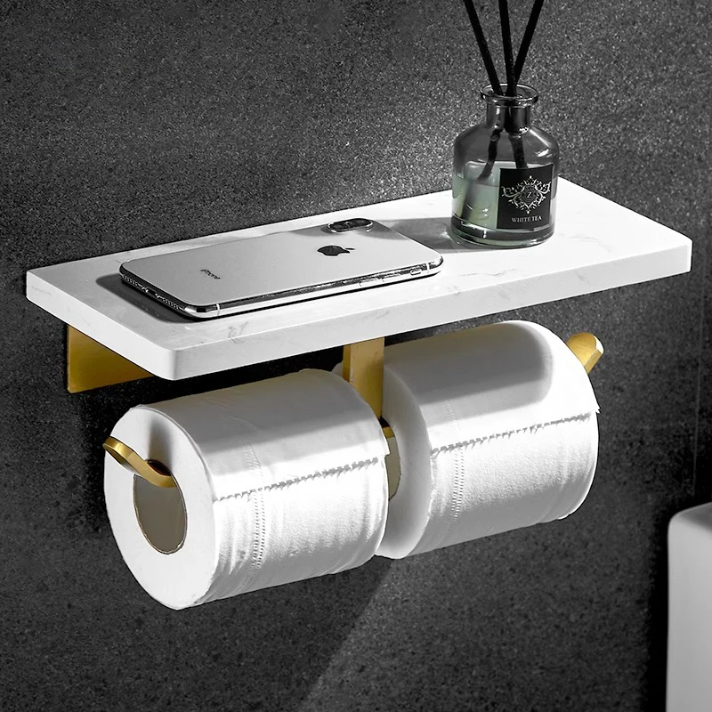 

Brass marble toilet paper holder Nordic brushed gold roll paper holder bathroom gold mobile phone shelf light luxury tissue hold