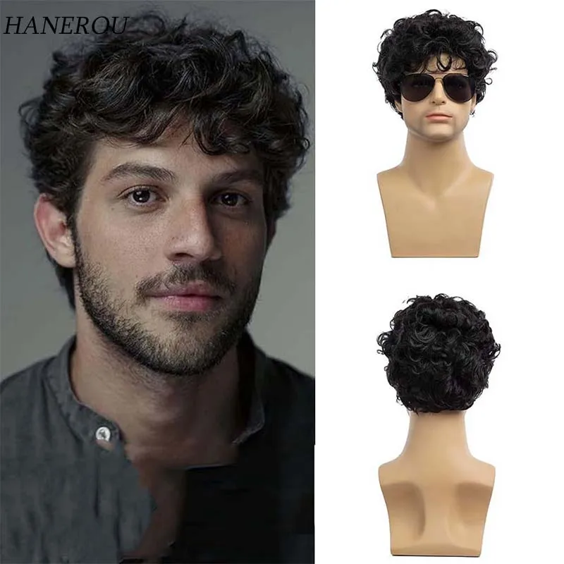 Men Short Curly Wig With Bangs Fluffy High Temperature Fiber Male Wig Wavy Black Synthetic Hair For Men