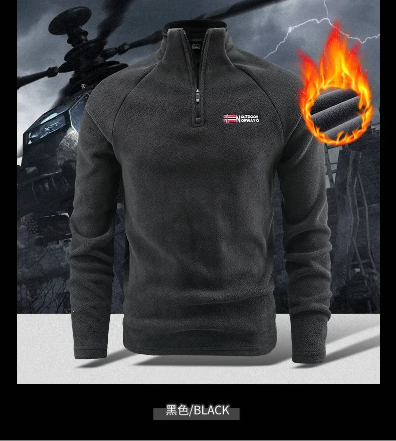 Herren-Sweatshirt aus norwegischem Polar-Fleece, Herbst-Winter-Pullover, dick, warm, mit Stehkragen, halbem Reißverschluss, lässig, langärmelig, Fleece-Oberteil – Detail 8