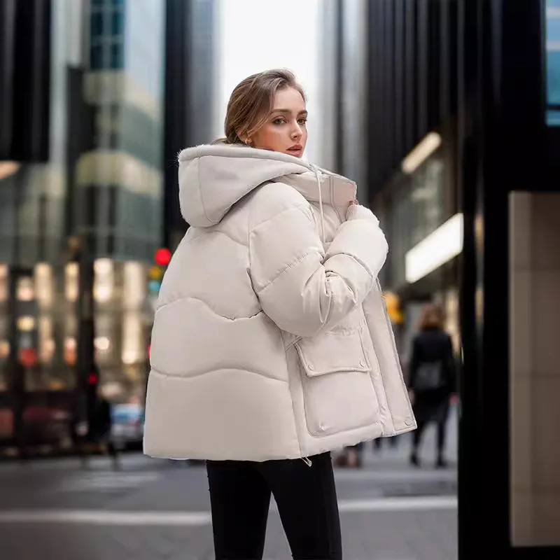 Katoenen gewatteerde damesjas Korte losse capuchon Koreaanse stijl Warm broodpak Westerse mode Katoenen gewatteerde jas