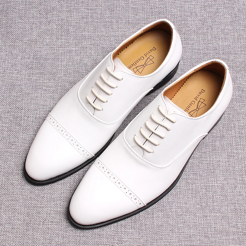 

Brand Genuine Leather Cap Toe Business Dress Shoes Men Formal Wear Casual British Black White Leather Shoes Pointed Toe Oxfords