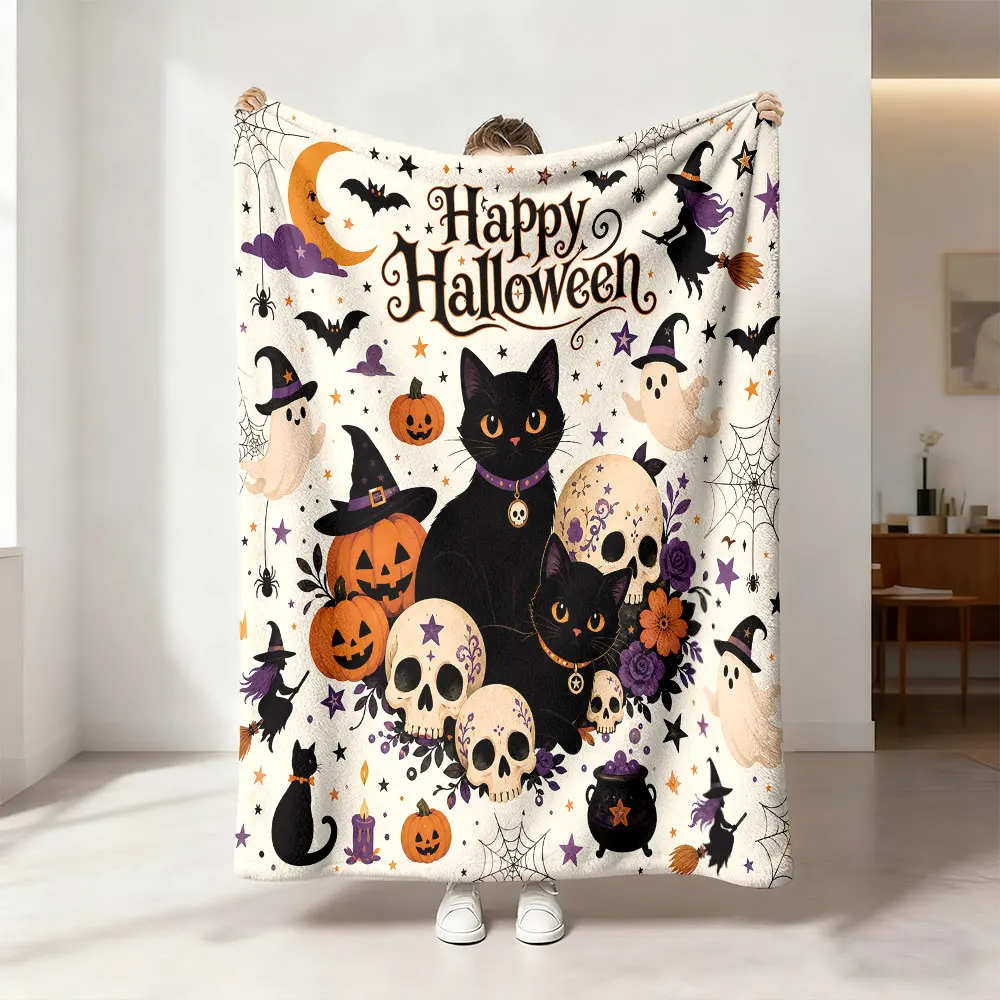1pc Halloween Black Cat Skeleton Pumpkin Print Flannel Blanket Soft Cozy Sofa Nap Throw Blanket Holiday Festival Gift Home De