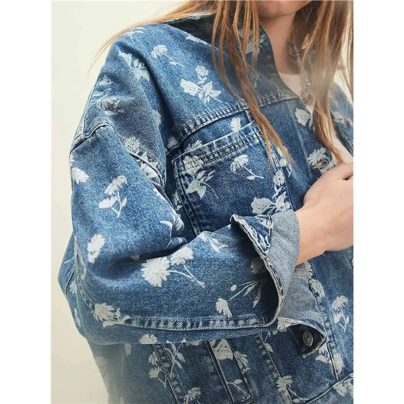 【GIFT】Women Casual Printed Oversized Button Down Long Sleeve Boyfriend Vintage Jean Jacket Coat With Pockets