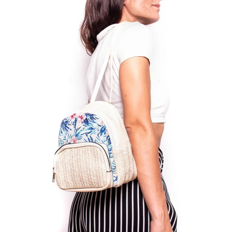 Generic MINI Rucksack Vegan CORK Damen Floral Leicht Wasserdicht, Beige