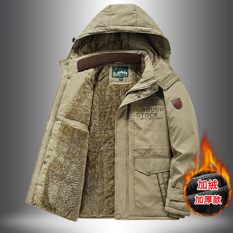 

2025 Winter Fashion Men's Solid Color Casual Trendy Loose Long Sleeve Multi Pocket Outdoor Plus Size Cotton Padded Jacket Male