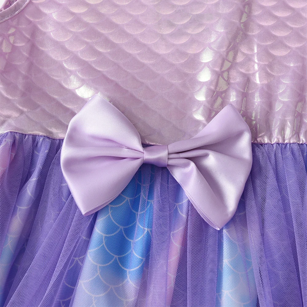 Kinder-Tüllkleid mit Meerjungfrauenschuppen-Print, ärmellos, lila, Prinzessinnenkleid, flauschig, mit Schleifenknoten, Partykleid für Mädchen – Detail 9