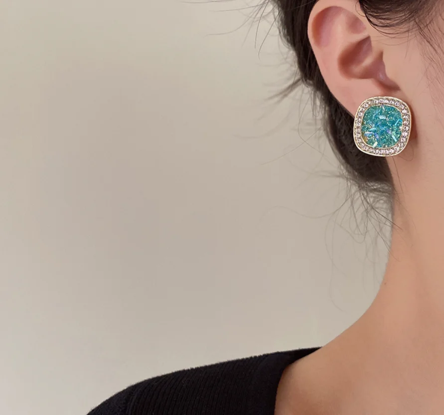 S925 silver needle copper gold plated square Retro Blue Crystal Earrings for women Fashion Jewelry