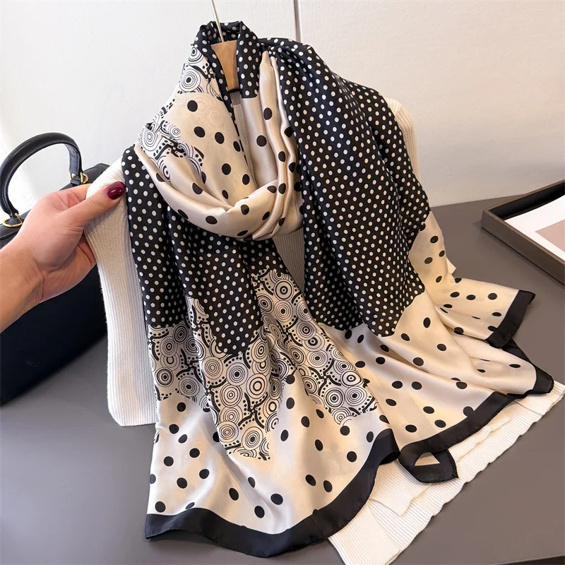 Großes quadratisches Halstuch mit Polka-Dot-Muster für Damen, langes Seidenschal, Bandana, luxuriöser Reise-Schal, eleganter Hijab, Halstuch