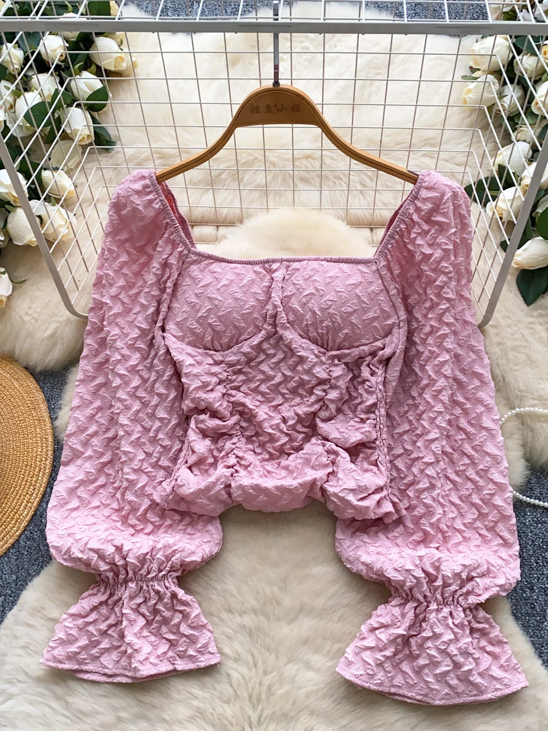 

Женская тонкая эластичная зеленая универсальная блузка во французском стиле ретро с квадратным воротником и пышными рукавами, текстурированные румяно-розовые топы с рюшами, внутренняя рубашка