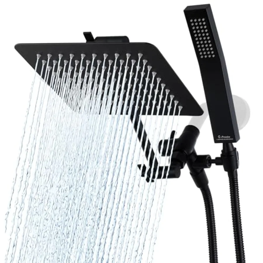 

8 Inch Dual Square Shower Head with Handheld Spray Combo in Matte Black for Bathroom Upgrade All Metal Construction Adjustable