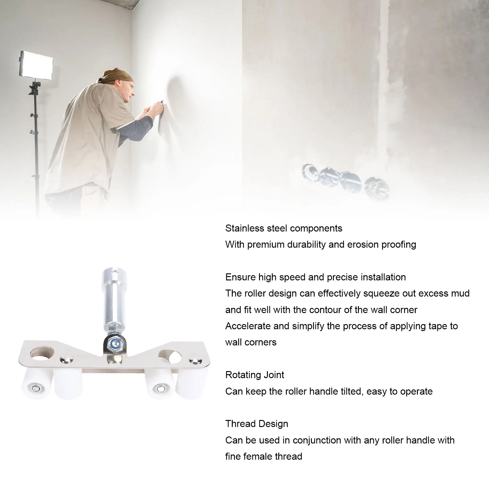 Drywall Inside Corner Bead Roller PTFE Stainless Steel Drywall Corner Roller Taping Tool with Threaded Adapter