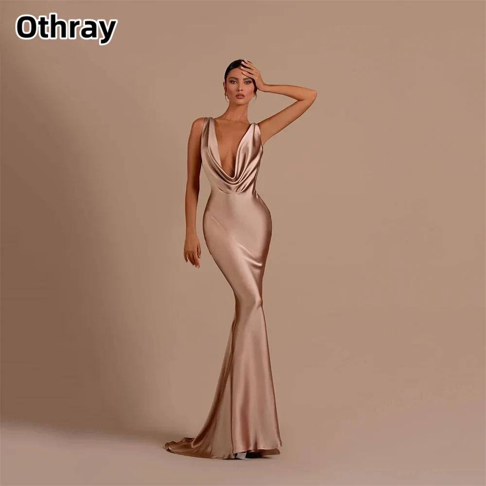 

Othray Deep V Neck Mermaid Evening Dresses For Women Satin Backless Prom Gown Sleeveless robe soirée Sweep Train Formal Dress