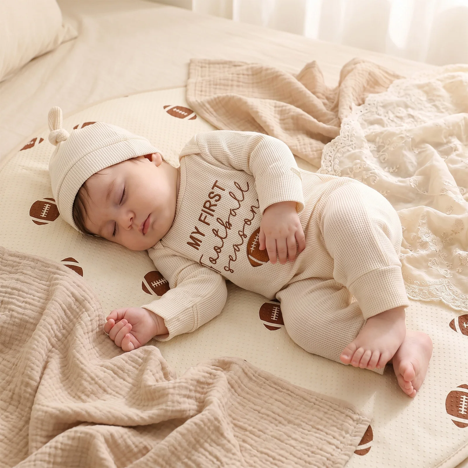 Autumn Newborn Boy Waffled Romper Football Seasons Embroidery Long Sleeve Jumpsuits With Hat Outfits