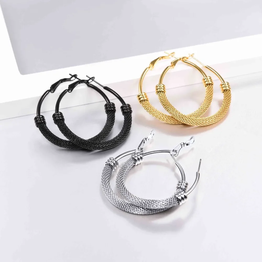 ChainsPro Hoop Earrings For Women Gold Color Black Mesh Hoops 316L Stainless Steel Earring Fashion Jewelry E036