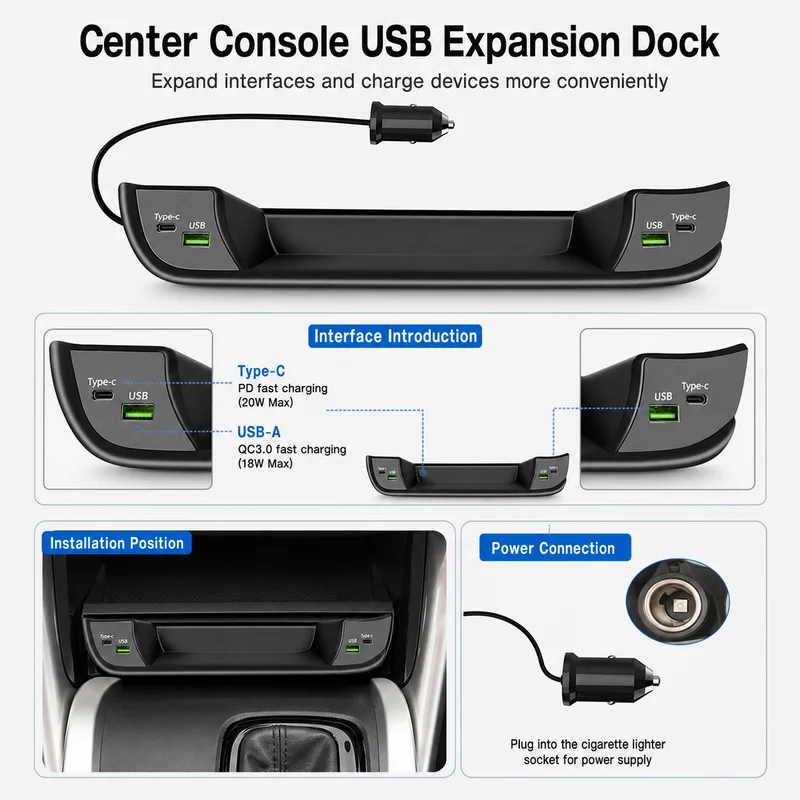 For Toyota Highlander Crown Kluger Center Console Dock Multi Port USB Hub Car USB Converter Extension Charging