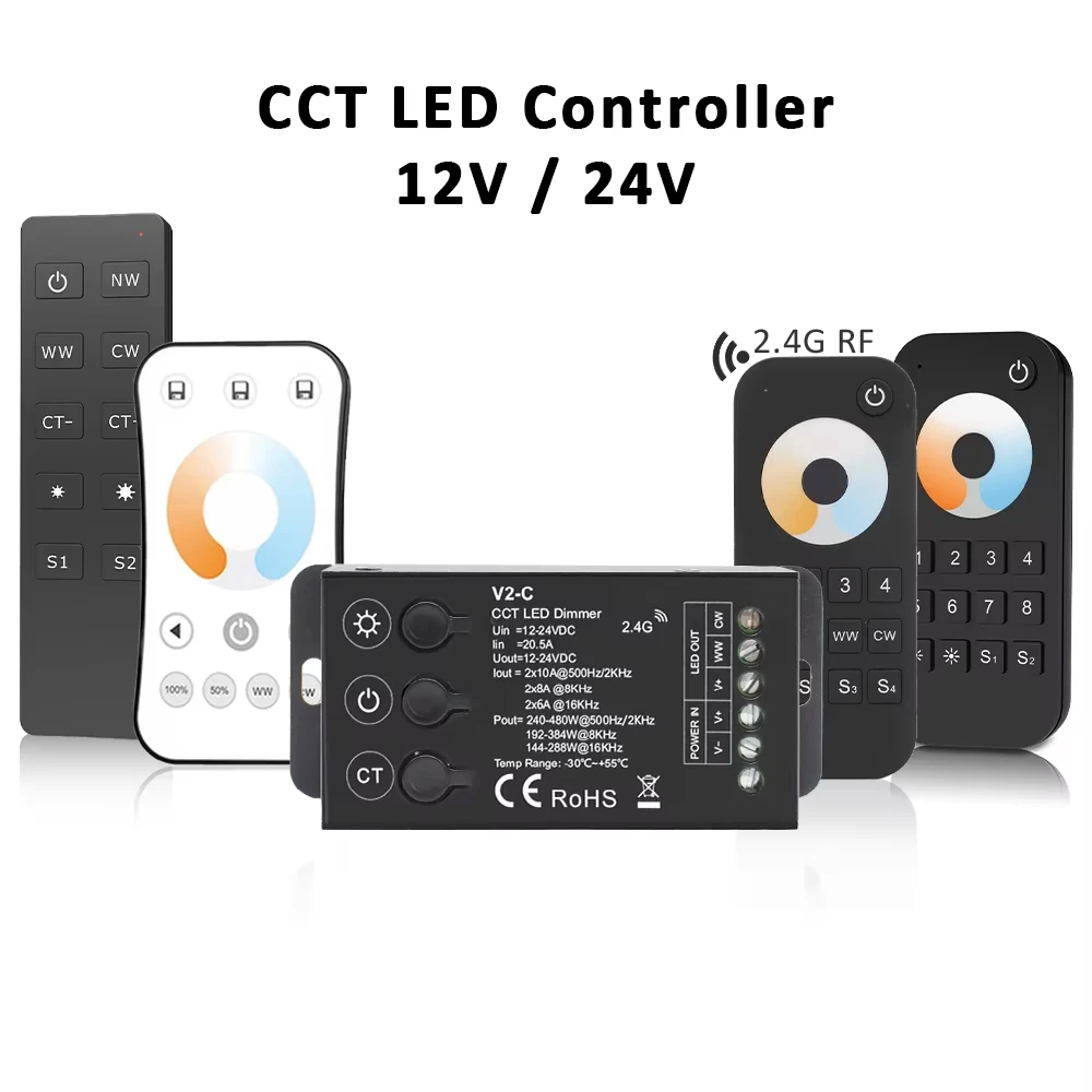 

DC 12V 24V CCT Светодиодный контроллер 20A 2CH PWM 2835 5050 Двойная белая светодиодная лента Диммер RF Пульт дистанционного управления Кнопочный переключатель затемнения V2-C