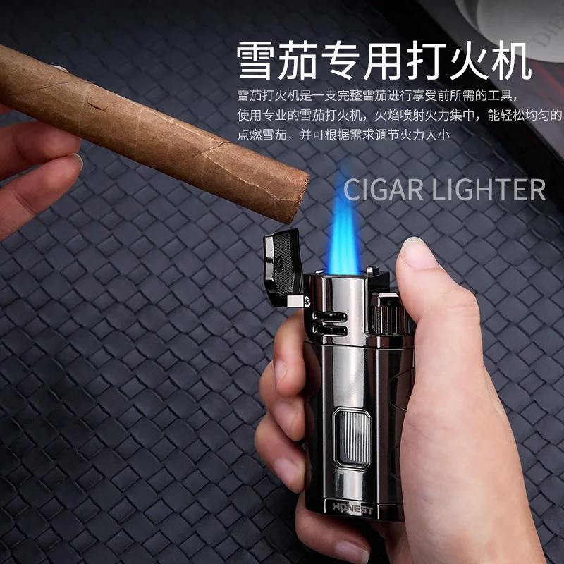 HONEST Metal Multifunctional Outdoor Windproof Butane Gas Lighter Turbo 3 Torch Blue Flame Straight Cigar Lighter Men's Gift