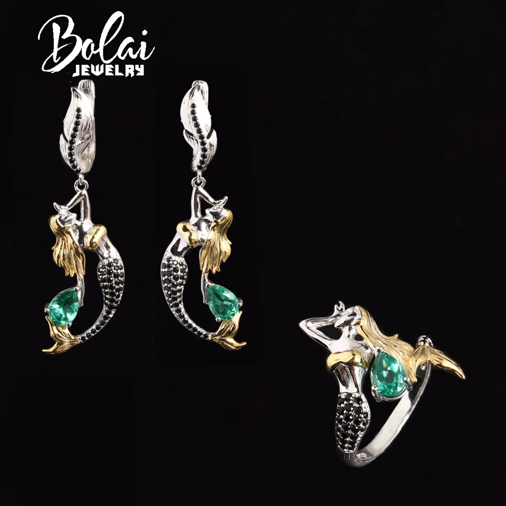 

Classic design 925 sterling silver ring earrings Created pear5*7 emerald nano Simple fine jewelry for girl valentines gift