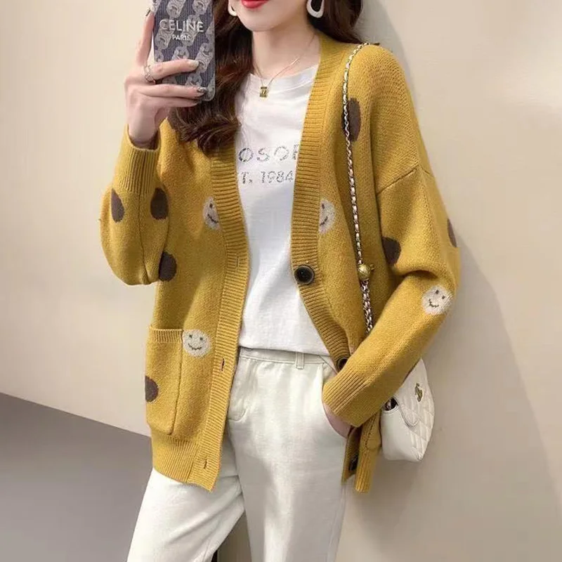 Knitting Cardigan Female Autumn Winter New Korean Loose Ladies Top Tee Cartoon V-neck Long Sleeve Sweater Coat Women Clothing