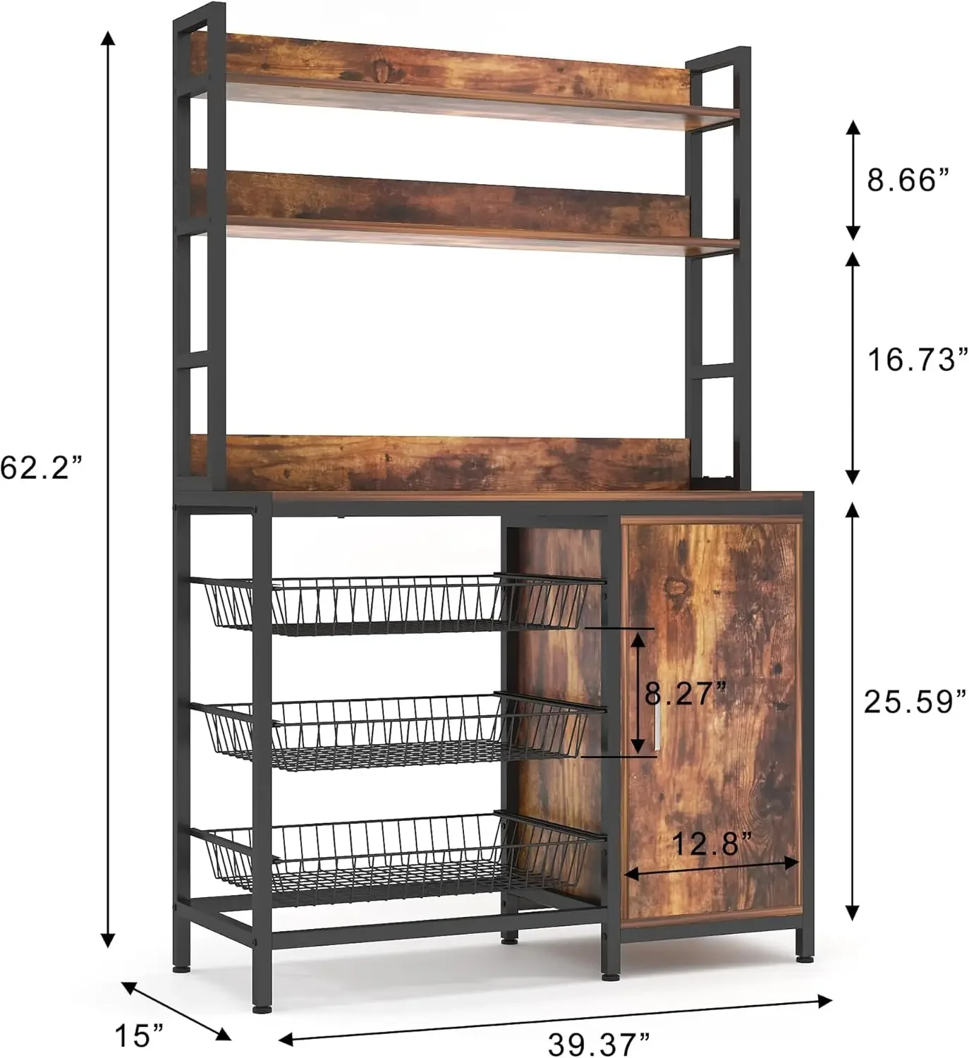 Kitchen Bakers Rack with Baskets and Door,Industrial Microwave Oven Stand,Kitchen Utility Storage Shelf,Free Standing Kitchen