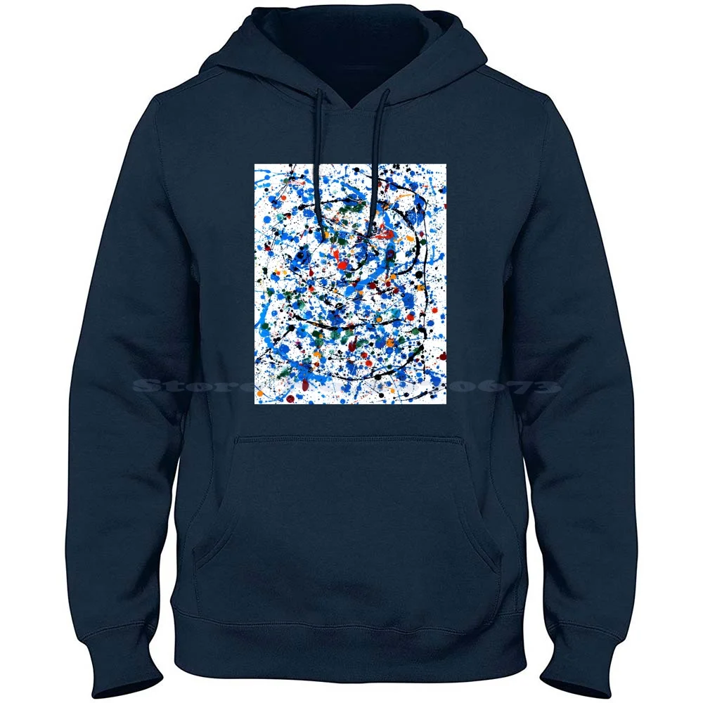 Frenzy In Blue 100% Cotton Hoodie T Shirt Acrylic Painting Abstract Painting Jackson Pollock Style Blue Orange Yellow Ron