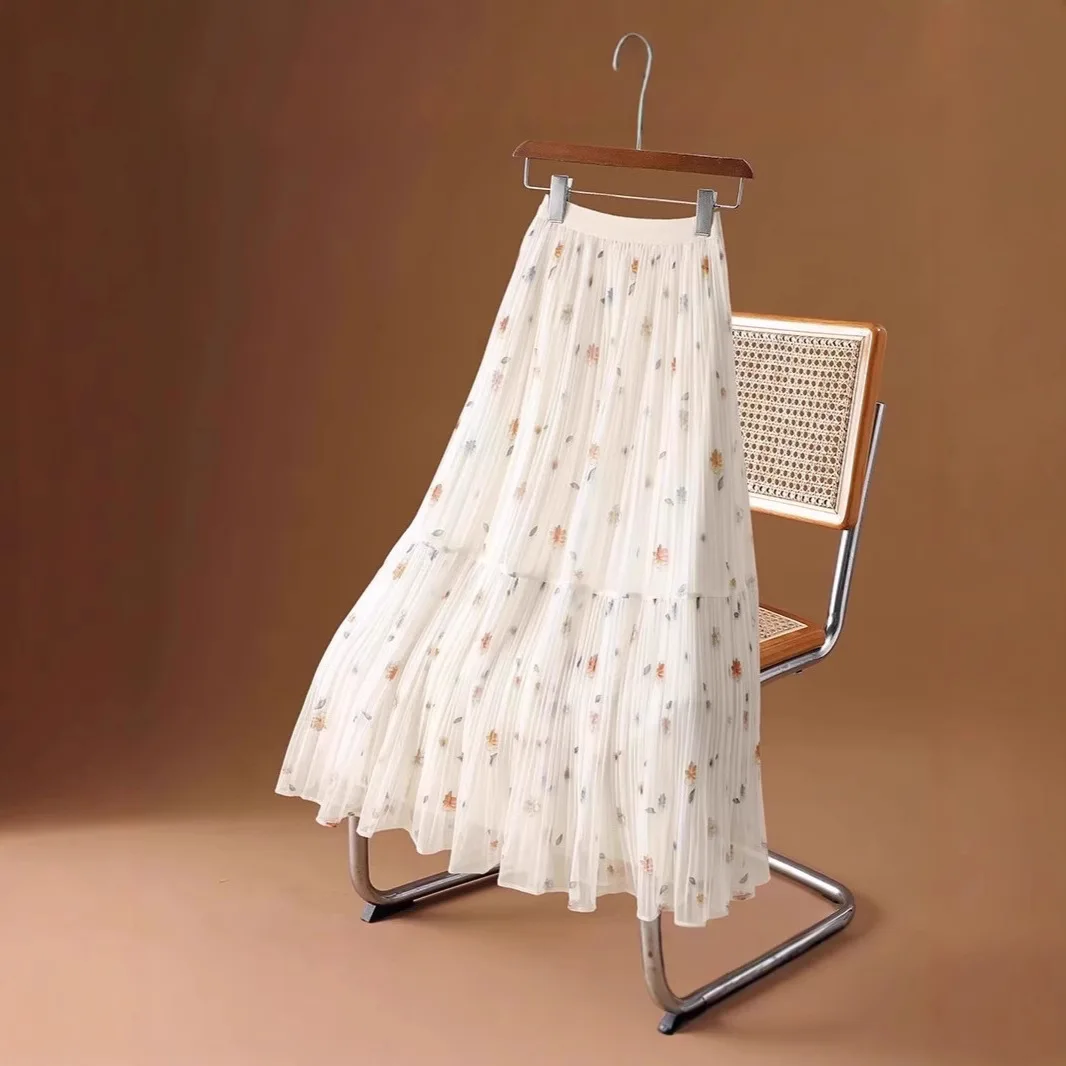 Petite jupe florale en maille plissée pour femmes, nouvelle jupe mi-longue en Tulle féerique, printemps et été