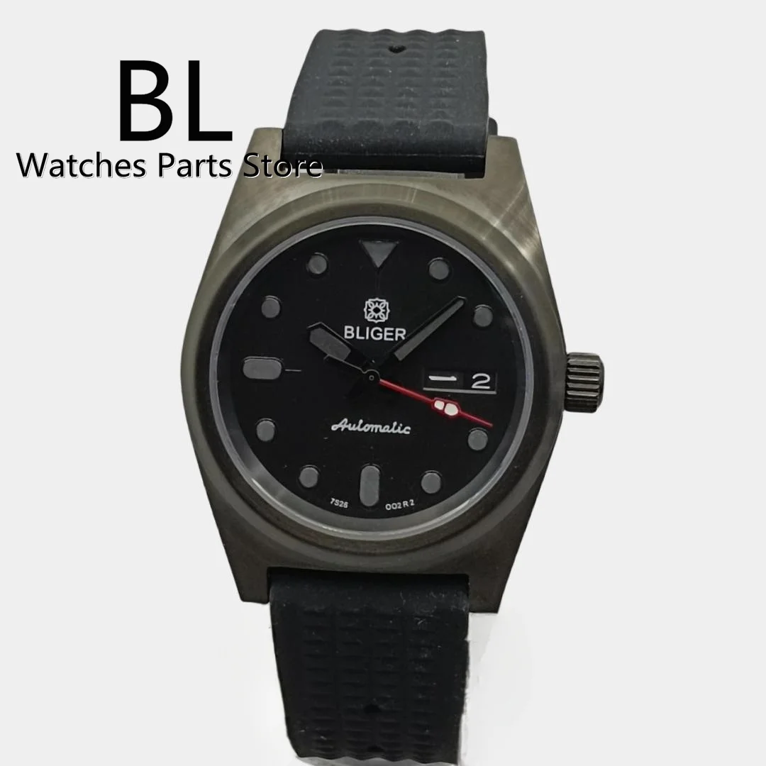 BLIGER Watch For Men NH36 Movement Week-date Function 36mm Full Black Case Sapphire Glass Black Dial Green Luminous Rubber Strap