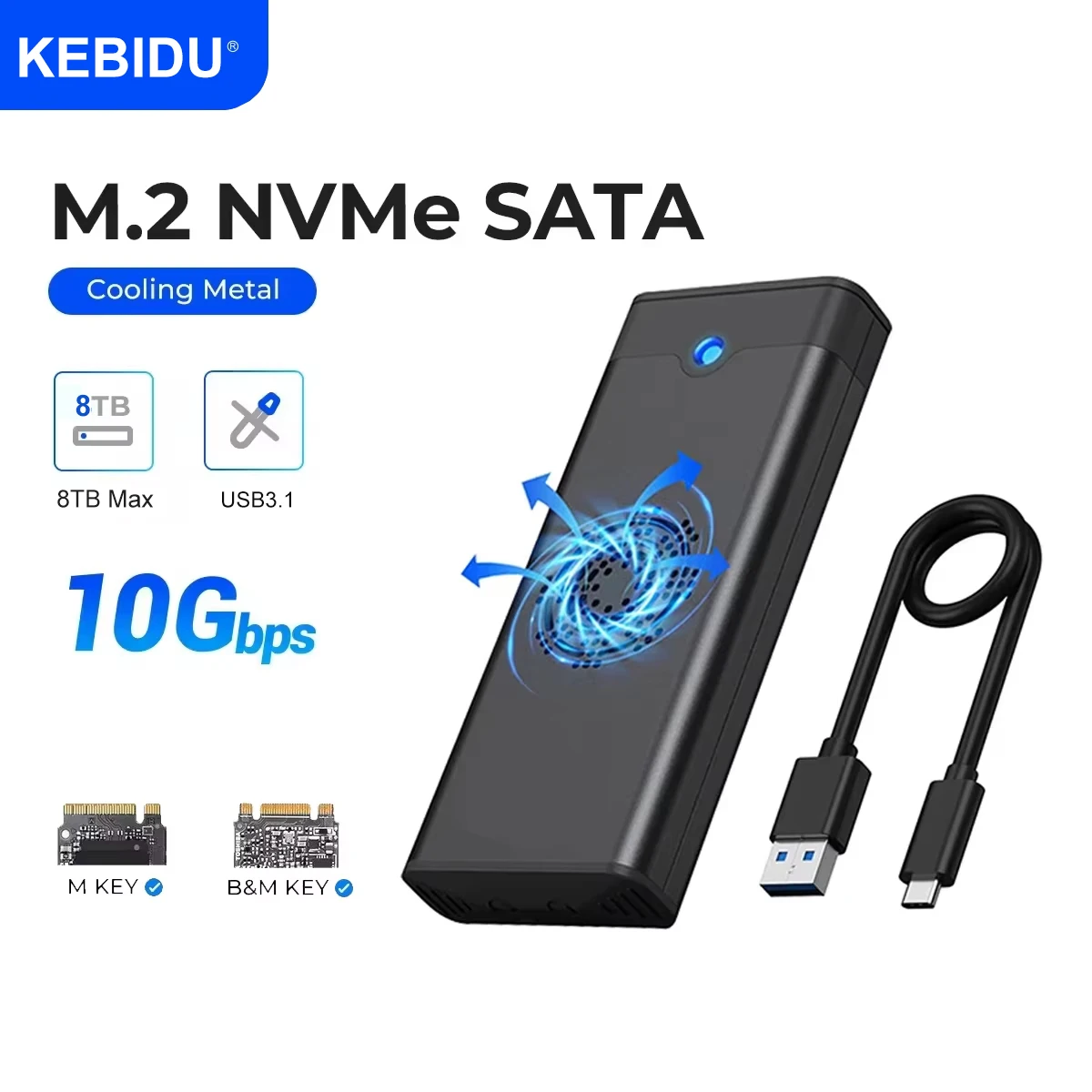 10Gbps M.2 NVME SATA SSD Case with Built-in Cooling Fan TypeC SSD Enclosure NVME NGFF SSD Adapter Support M.2 2242 2260 2280