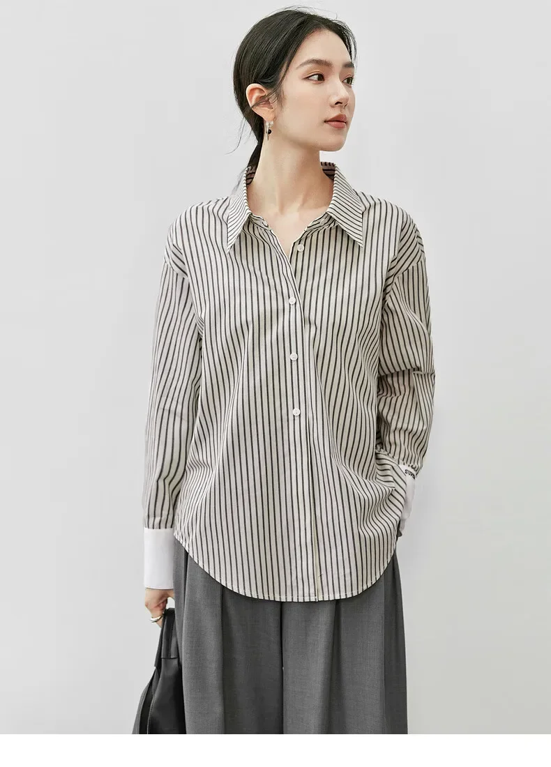 

SENTUBILA полосатая рубашка из 100% хлопка, весна-осень 2021, лоскутная вышивка, блузки с отложным воротником, женская одежда 143C56172