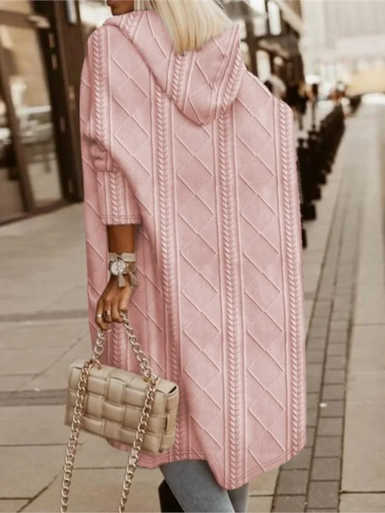 Nice Autumn Winter Women Long Hooded Jacket Fashion Long Sleeve Sweater Cardigan Loose Jacquard Hooded Knited Jacket Casual Coat