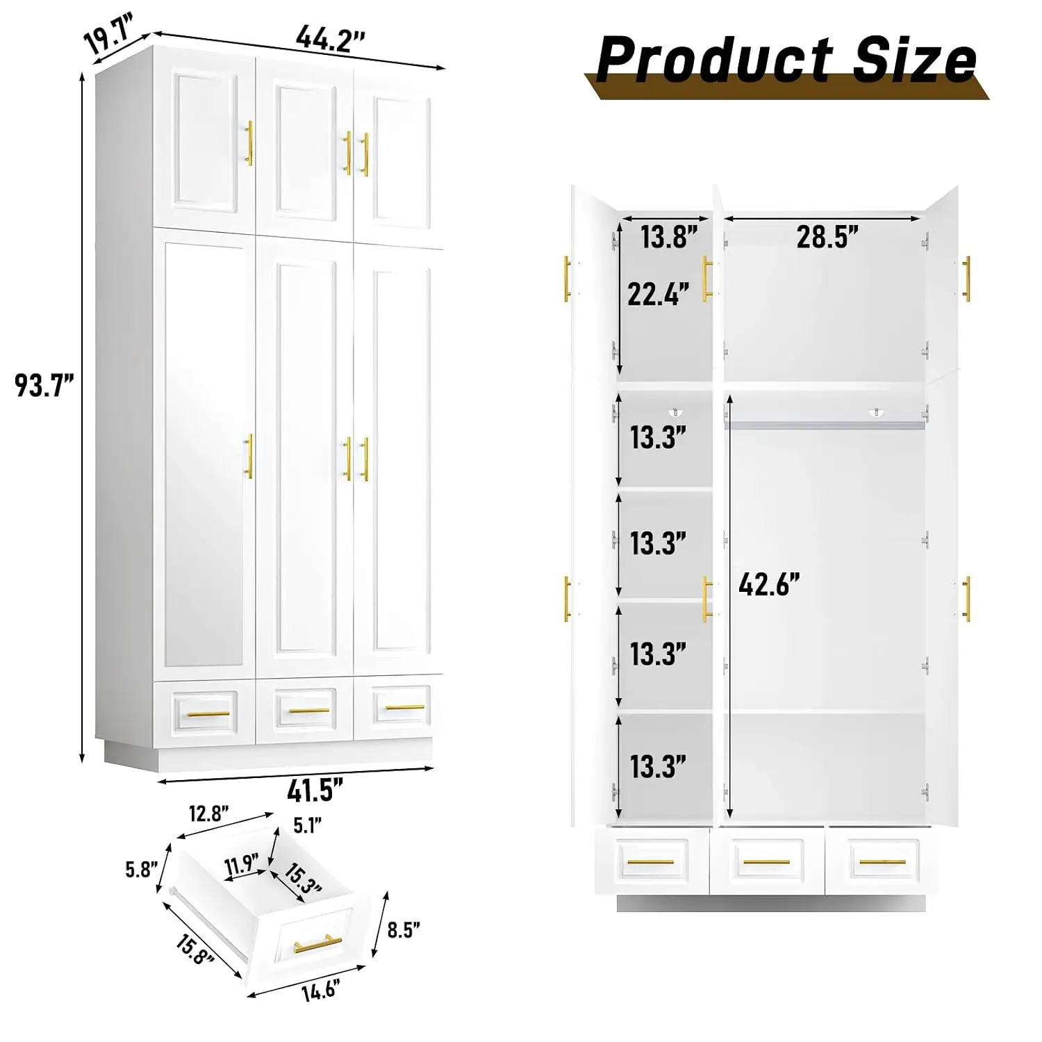 Large Armoire Wardrobe Closet Cabinet with Drawers and LED Lights, Multi-Tier Shelves, Hanging Rod, Large Capacity, Customized