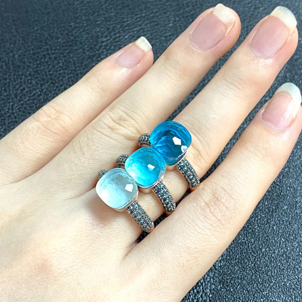 

10.6mm Classic Nudo Ring Inlay Blue Topaz Zircon Black Gun Plated Candy Crystal Ring for Women Fashion Jewelry