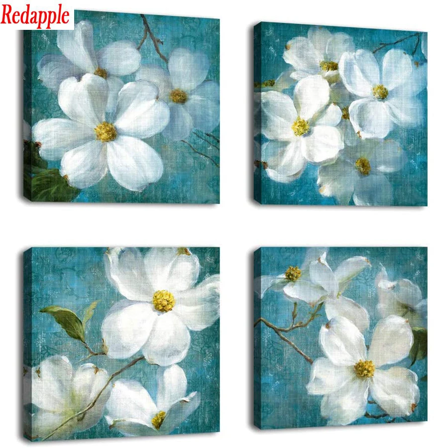 

White blossom blue background 5D DIY Diamond Painting Full Square Round Diamond Art Mosaic Cross Stitch sale 4 pcs Home Decor