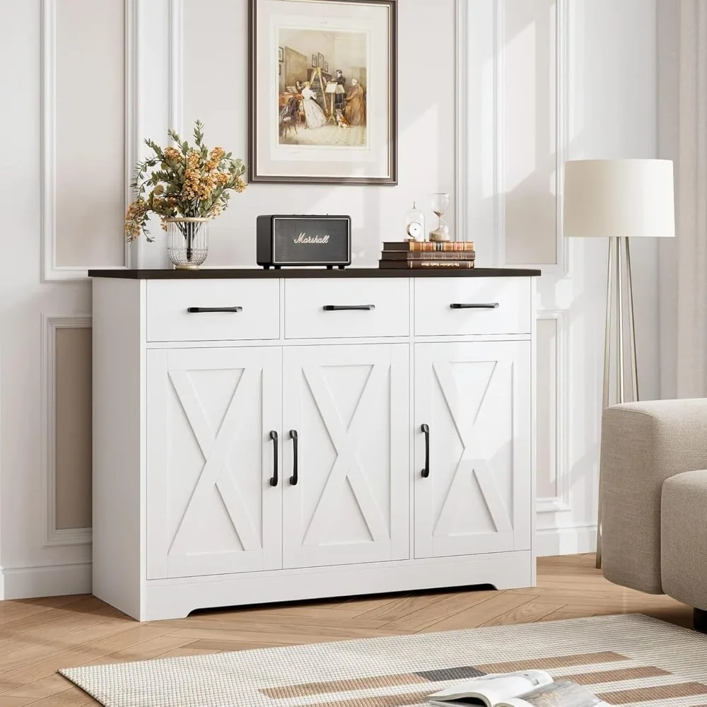 خزانة جانبية لبوفيه المزرعة الحديثة، خزانة تخزين بأبواب الحظيرة مع أدراج ورفوف، وبار قهوة خشبي مع