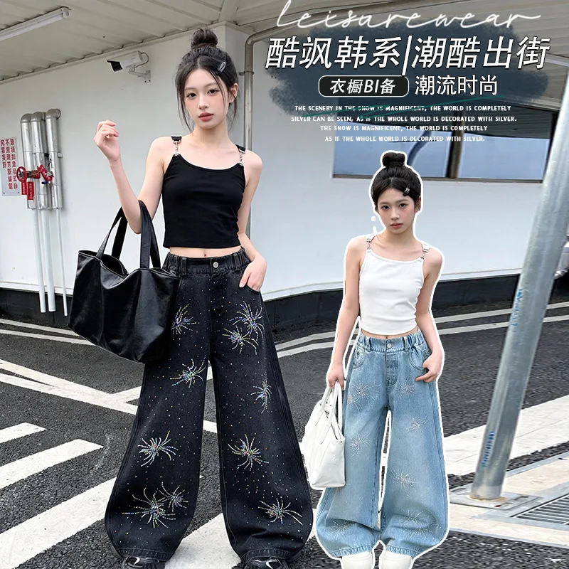 Girls Trendy Set 2026 Summer New Childen Fashion Halter Top+ Firework Jeans 2pcs Junior Kid Hip Hop Clothes Suit Child Outfits