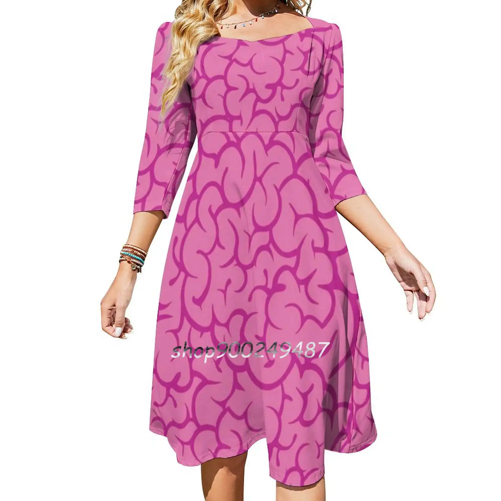 Pink Brains Pattern Square Neck Dress Sweet Summer Dress Women Elegant Halter Print Dress Zombie Gut Health Pattern Vector