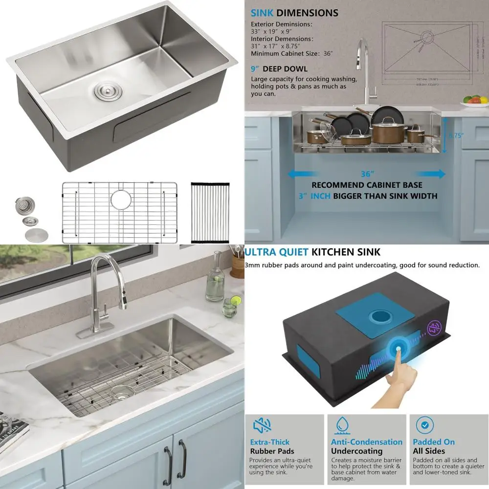 

Кухонная мойка из нержавеющей стали 16G, одинарная, 33 дюйма, подстольная, шириной 19 дюймов