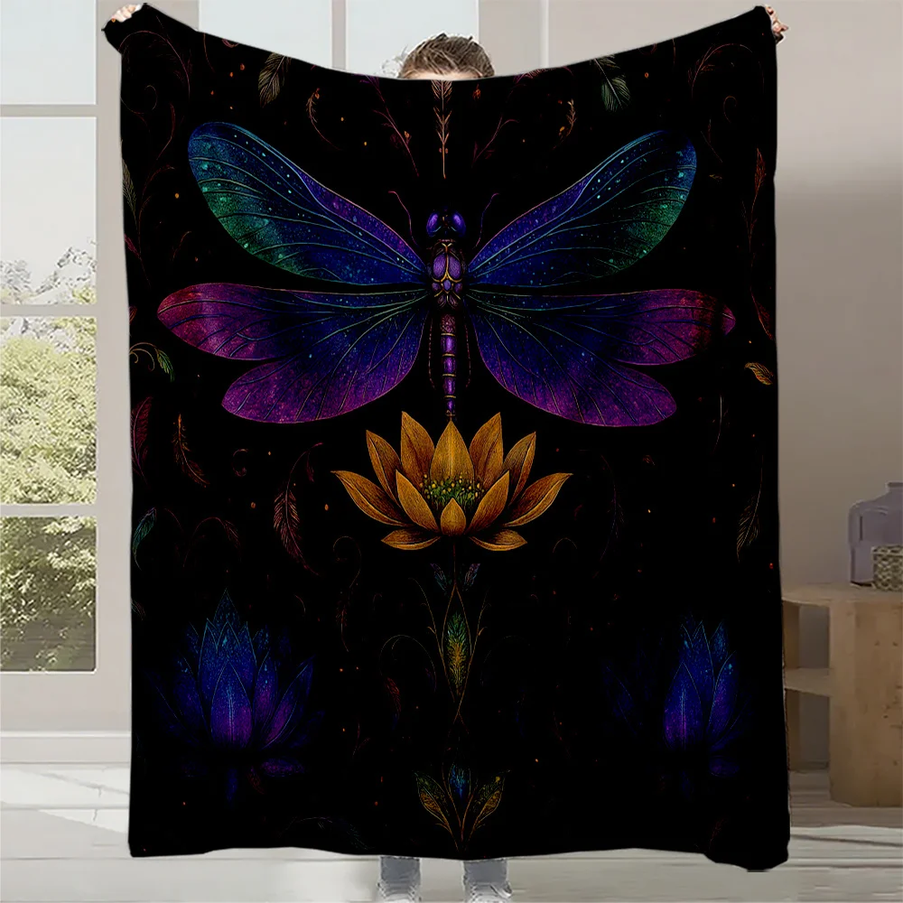 1pc Luxury Flannel Blanket - Heavyweight All-Season Soft Throw with Elegant Purple Blue Dragonfly & for Lotus Print, Machine Was