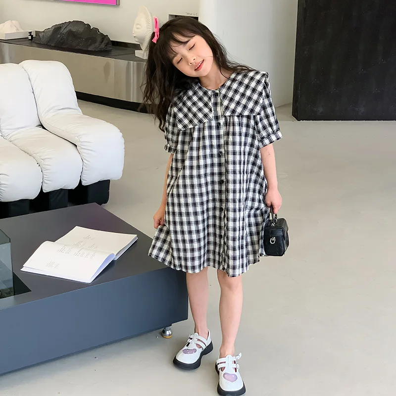 

Kids Elegant Plaid Princess Dress Summer 2023 Single Breasted Teenage Girls Dresses Party Short Sleeve Clothes Sailor Collar