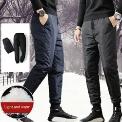 Winter Men Padded Down Pants Thick Elastic Waist Windproof Warm Plus Size Waterproof Mid-aged Men Father Outdoor Pants