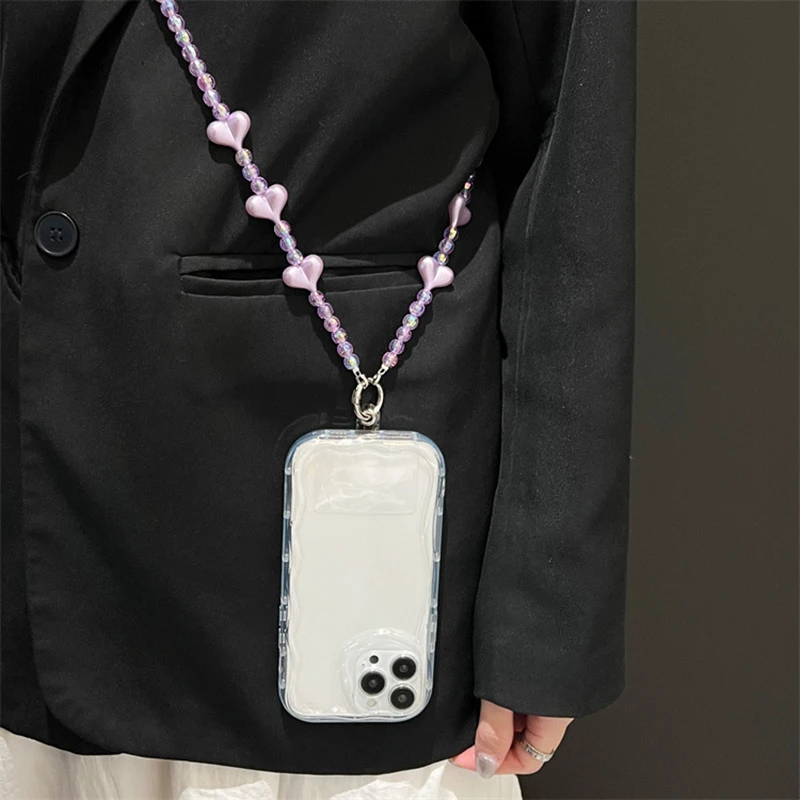 Long Crossbody Heart Bead Phone Chain Pendant For IPhone For Huawei Xiaomi Smart Phone Rope Strap Key Rings Bag Decor