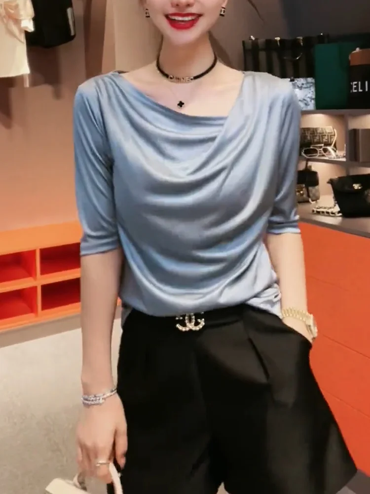 

Summer 2025 Korean Sle Slimming Satin irt Loose Fitting Cover up Trendy round Ne Large Size Women's Inner Wear Top